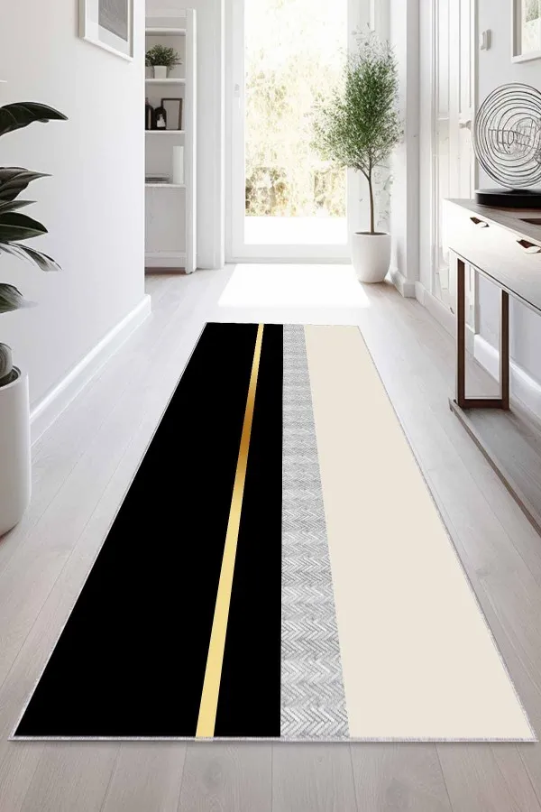 Siyah Kaydırmaz Yolluk Siyah Gold Kaymaz Taban Modern Kesme Rulo Yolluk Halı VH012