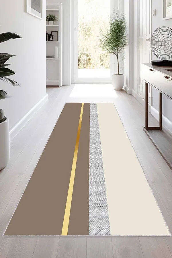 Bej Kesme Yolluk Bej Gold Kaymaz Taban Modern Kesme Rulo Yolluk Halı VH014