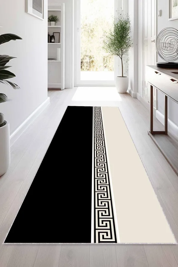 Siyah Kaymaz Taban Yolluk Siyah Kaymaz Tabanlı Modern Kesme Rulo Yolluk Halı VH017
